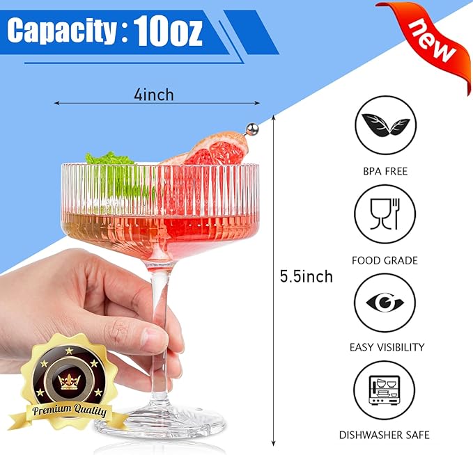 20Pcs Acrylic Martini Glasses, 10oz Shatterproof Plastic Champagne Tower, Unbreakable Ribbed Coupe Glasses, Art Deco Stem Cocktail Glassware Set, Manhattan Goblet for Wedding Birthday Party