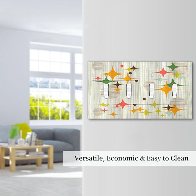 Light Switch Cover Mid Century Modern Retro Stars 4 Gang Switch Plate Quad Toggle Wall Plates Decorative Switchplate Electrical Outlet Cover for Bathroom Bedroom Decor