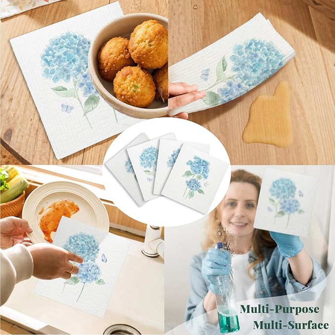 Spring Floral Swedish Dishcloths for Kitchen, Swedish Dish Cleaning Cloths for Hydrangea, Papaya Reusable Paper Towels, 4 Pack Dish Towels for Kitchen, Reusable Paper Dishcloths Washable