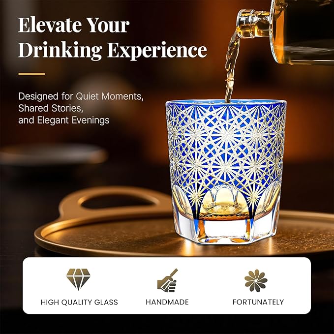 suigetsu Edo style Color Hand Cut Crystal Glass Tumbler Whisky Gass 11 Oz Glassware with Luxury Gift Box,Cocktail-Vodka-Beer Drinkingware Glasses In Gift Carton (Blue Daisy)