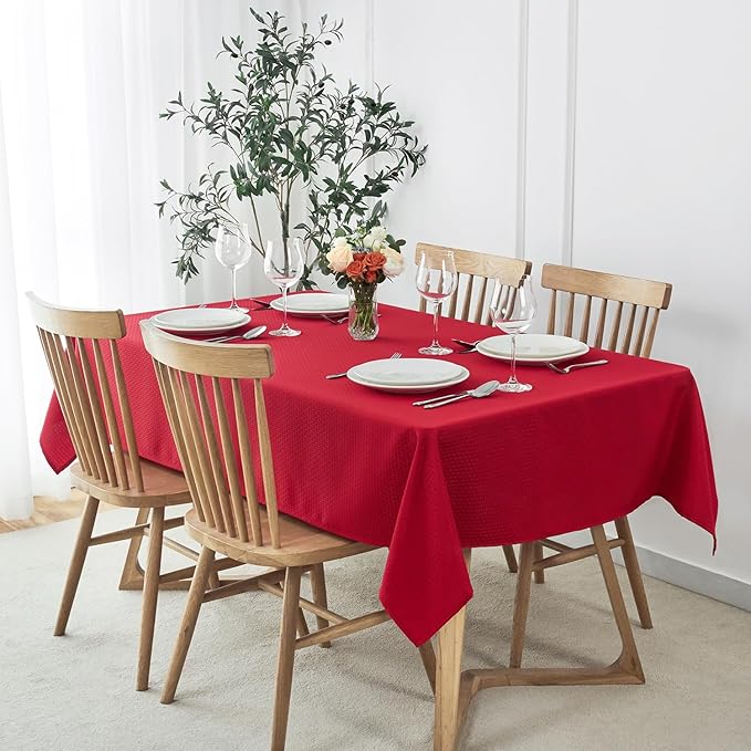 maxmill Rectangle Tablecloth Weaved Design Water Resistant Wrinkle Free Spill-Proof Soft Table Cloth for Dining Room Decoration, Banquet, Christmas Holiday Dinner, 60 x 84 Inch, Red