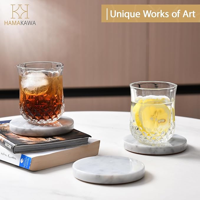 Real Natural Marble Coasters Set of 4, Carrara White Coaster 4 inch, Modern Round Stone, Trendy Drink Coasters for Coffee Table, Kitchen Decor, Office