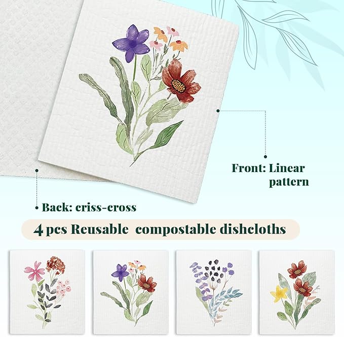 Spring Flower Swedish Dishcloths for Kitchen, Swedish Dish Cleaning Cloths for Floral, Papaya Reusable Paper Towels, 4 Pack Dish Towels for Kitchen, Reusable Paper Dishcloths Washable