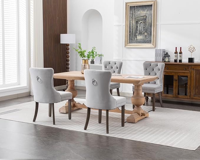 KCC Velvet Dining Chairs Set of 4, Upholstered High-end Tufted Dining Room Chair with Nailhead Back Ring Pull Trim Solid Wood Legs, Nikki Collection Modern Style for Kitchen, Light Grey