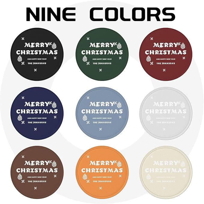 Customize PU Leather Coasters for Men, Red Custom Coasters with Last Name, Merry Christmas and Happy New Year Personalized Drink Coaster 6 PCS, Coaster Set with Holder, Gift for Christmas