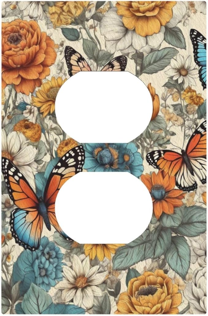 Outlet Covers Vintage Colorful Floral Butterfly Flowers 1 Gang Duplex Light Switch Cover Plate Decorative Wall Plates Electrical Switchplate Receptacle for Bathroom Bedroom Decor（2 Pack）