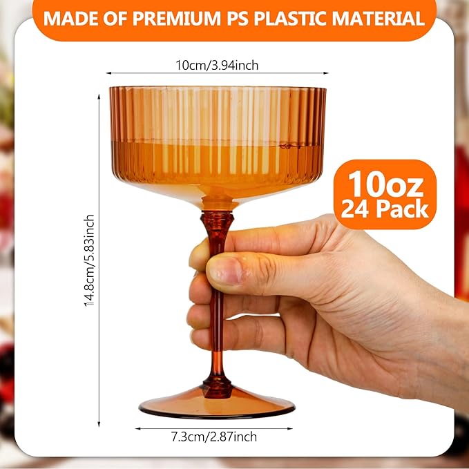 24 Pcs Ribbed Martini Glasses 10 oz Disposable Plastic Vintage Ribbed Coupe Glasses Unbreakable Dessert Parfait Glassware for Wedding Birthday Party Supplies (Classic Color)