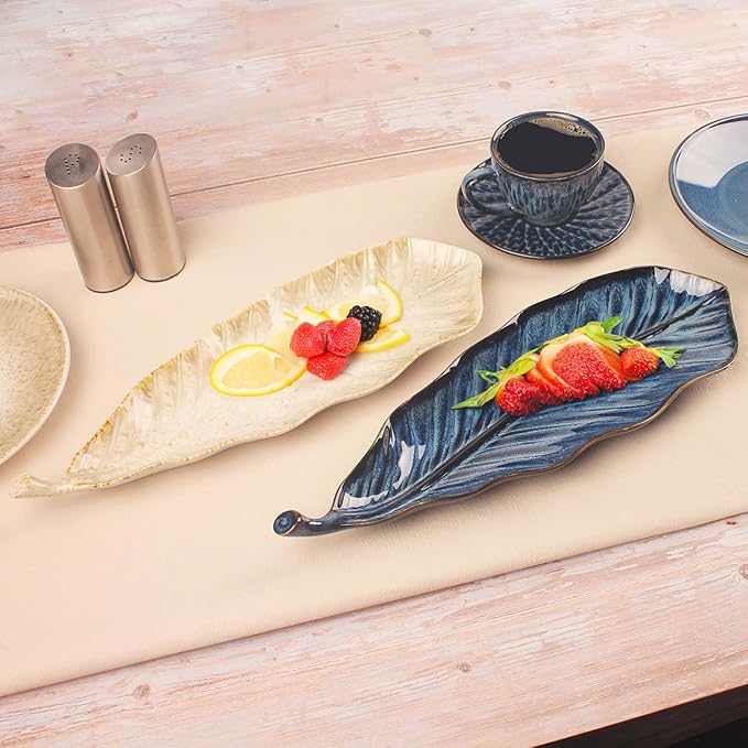 Ceramic Platter Olives Plate Set of 2, Large Serving Trays Salad, Appetizer, Cheese, charcuterie, Biscuits and snacks, Plate for Entertaining, Dishwasher Microwave Safe, Royal blue 17 Inch