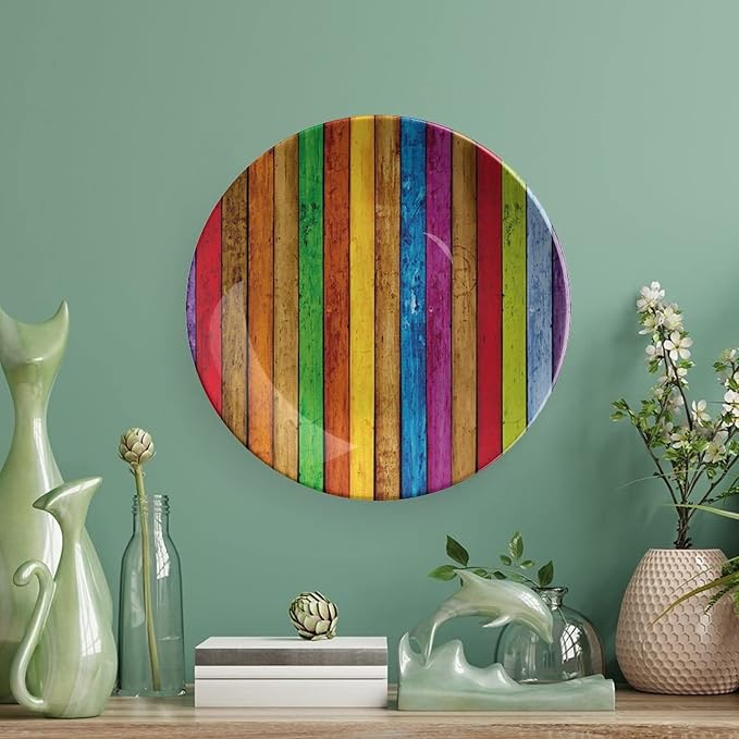 Ceramic Display Plate, Abstract Ceramic Hanging Decorative Plate, Vibrant Wooden Artistic Cheerful Art Rainbow Image, 10 Inch, Living Room Kitchen Decoration Household, Multicolor