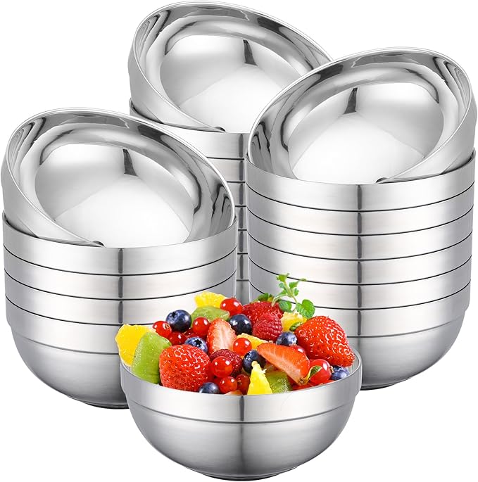 Stainless Steel Bowls Bulk, 20 Pack 5.9in 20.6oz 610ml Medium SUS304 Double Wall Insulated Stackable Metal Cereal Eating Bowl Containers for Restaurant Serving Dishes Salad Ice Cream Soup Rice