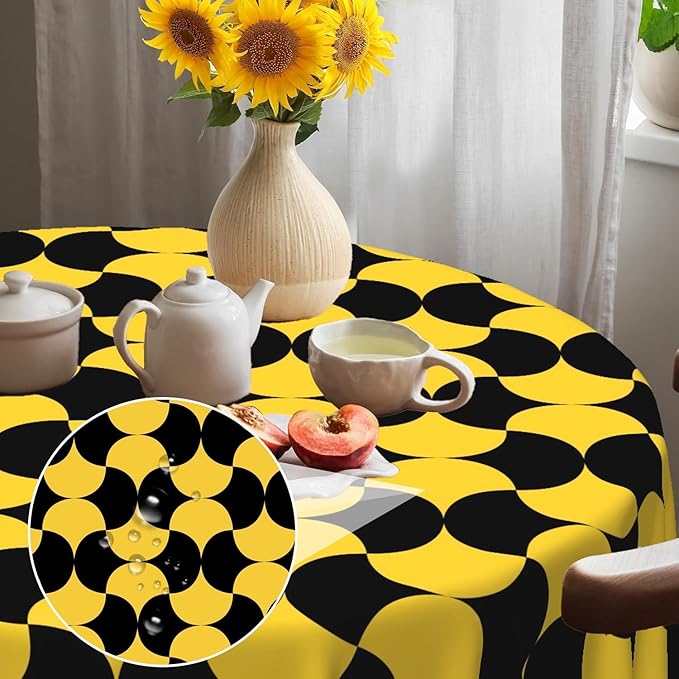 Laeacco 60 Inch Geometric Round Tablecloth Black and Gold Abstract Pattern Modern Art Print Table Cloth Washable Waterproof Wrinkle Free Table Cover for Kitchen Dining Picnic Party Decoration