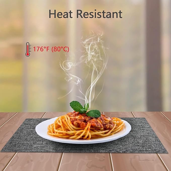 DACHUI Placemats Set of 8, Linen Look Woven Place Mats, Water Resistant, Heat Resistant, Washable, Durable Table Mats (Dark Grey)