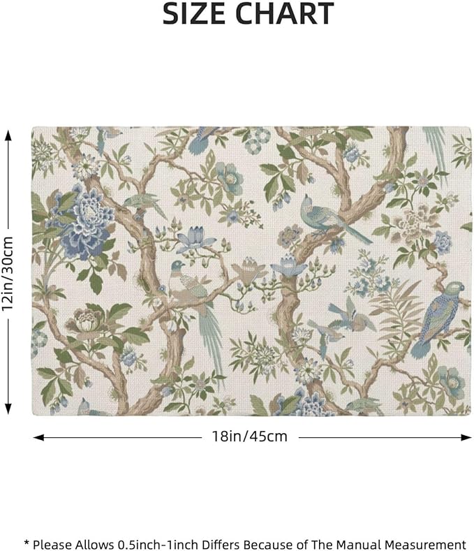 Chinoiserie Spring Placemats Set of 4, 12x18 Inch Blue Green Floral Bird Table Mats Summer Vintage Flowers Holiday Decorative Table Placemats for Party Home Kitchen Dining Table Decoration