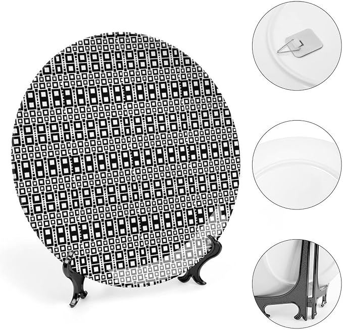 Ceramic Display Plate, Abstract Ceramic Hanging Decorative Plate, Monochrome Squares of Motif Grid Design Geometric, 6 Inch, Household Custom Ceramic Plate, Black White
