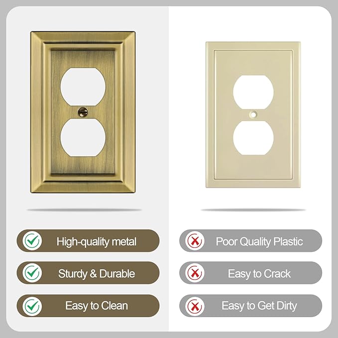 Metal Wall Plate for Electrical Outlets, Decorative Antique Brass Switch Plates Outlet Cover, Light Switch Cover Plate, 1-Gang Wall Plates (Duplex Outlet, 6 Pack)