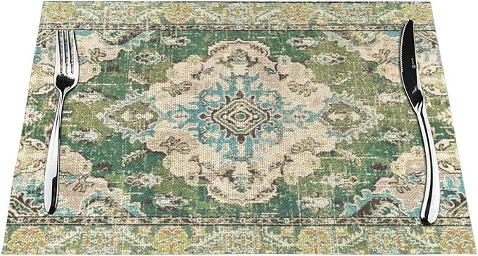 Sage Green Placemats 12x18 Inches Set of 4, Boho Vintage Ethnic Carpet Decorative Rectangle Table Mats for Party, Home Kitchen,Dining Table Decoration