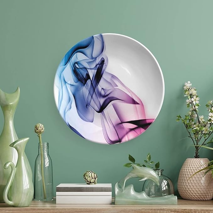 Decorative Plates, Abstract Decor Print Ornament, Colorful Smoke Dynamic Flow Swirl Contemporary, 7 Inch, 1 Plate with 1 Display Stand, Fuchsia Blue