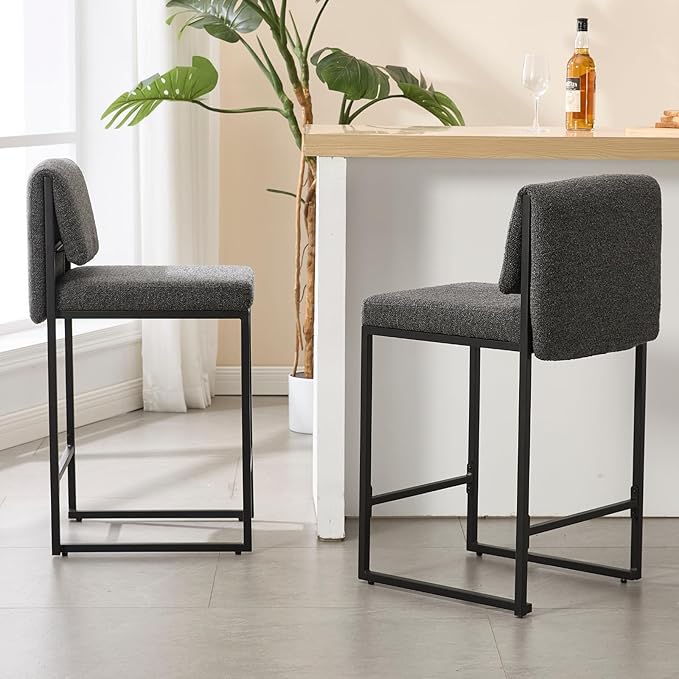 Modern Barstools Set of 2, 26” Upholstered Counter Height Bar Stools Sherpa Fabric Counter Stools with Padded Back Metal Frame for Kitchen Island Dining Room, Black
