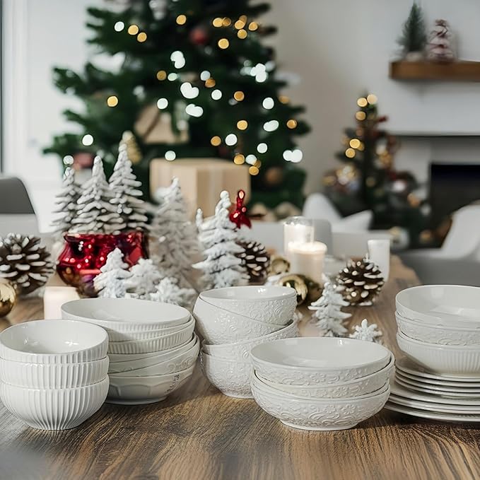 Artena Ceramic Cereal Bowls 26 oz, Embossment Soup Bowls Set of 4, White Salad Bowl for Kitchen, Dinner, Breakfast, Oatmeal, Rice, Pasta, Dishwasher Microwave Safe Bowls (Stripes)