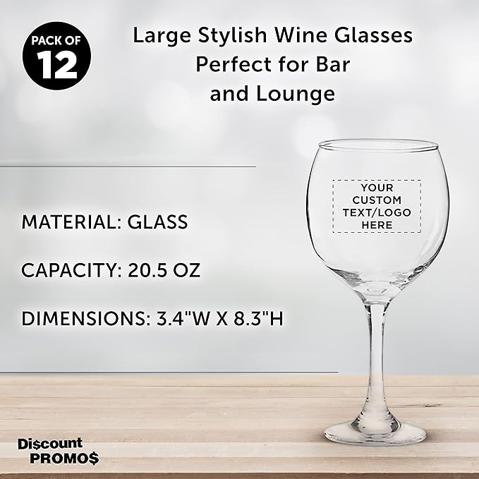 Custom Premiere Wedding Wine Glasses 20.5 oz Set of 12, Personalized Bulk Pack - Restaurant Glassware, Perfect for Red Wine or White Wine - Clear