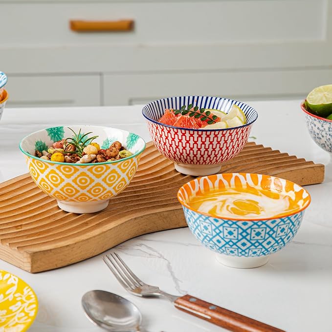 Ceramic Dessert Bowls Set - Small 12 Oz Cereal Bowls - 4.75 Inch Ice Cream Bowls for Fruit, Snack, Side Dishes, Dipping Sauce - Microwave Dishwasher Safe - Set of 6 - Assorted Colors
