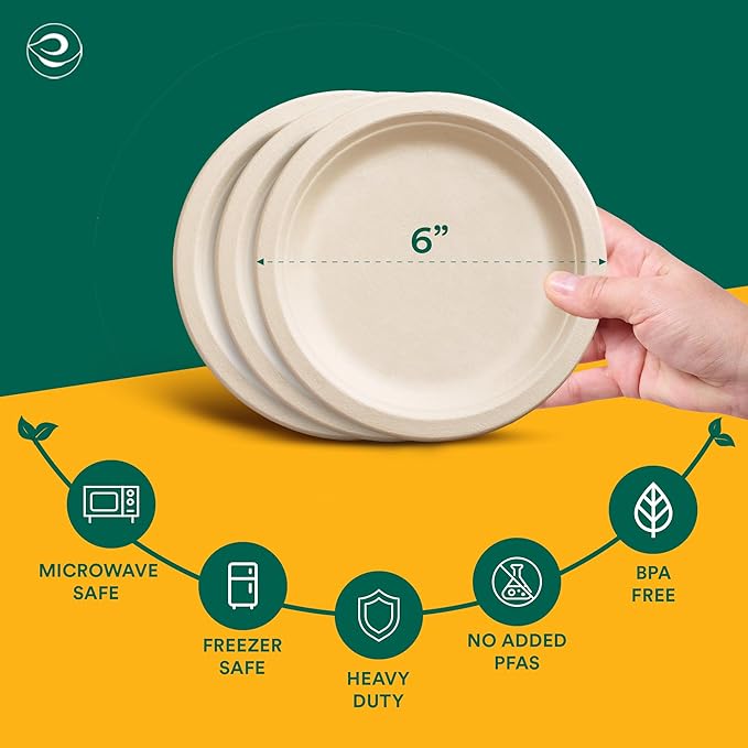ECO SOUL 6 Inch Compostable Disposable Paper Plates [200 Pack] Food Safe 100% Virgin Bagasse Pulp Heavy Duty Biodegradable Microwave Safe Small Round Dessert Plate for Party, Picnic & BBQ (Brown)