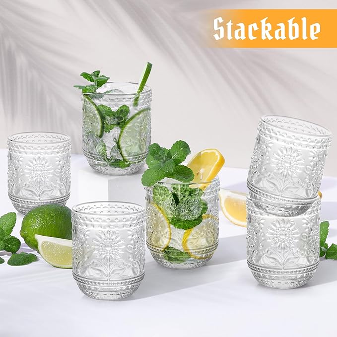 Topsky Clear Vintage Drinking Glass Set of 6,12 oz Embossed Floral Decorative Glassware Set,Glass Cups Wine Glasses Beverages Tumblers Colored Glassware for Whisky,Beer,Juice,Cocktail,Heavy Duty