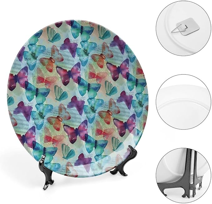 Ceramic Display Plate, Abstract Ceramic Hanging Decorative Plate, Watercolor Rainbow Colored Butterflies and Letterings Music, 7 Inch, Living Room Kitchen Decoration Household, Multicolor