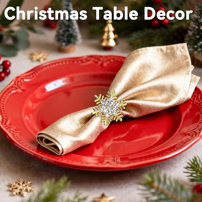 ZeeDix Christmas Gold Snowflake Napkin Rings Set of 12, Napkins Ring for Dinning Table - Rustic Dinner Tables Decoration for Wedding Receptions Christmas Thanksgiving Holiday Party Dinner Parties