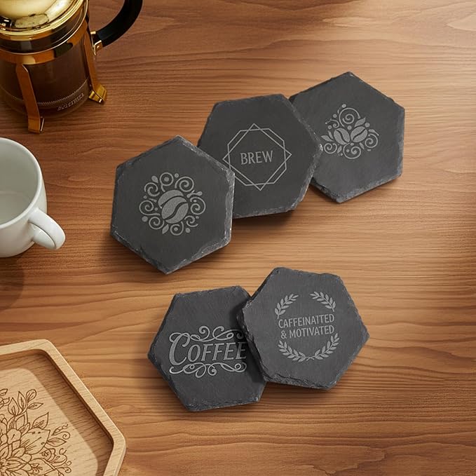 ZOOFOX 24 Pieces Slate Drink Coasters, Hexagon Black Slate Stone Coaster Bulk for Laser Engraving, Beverage Coasters with Non-Slip Bottom Mat for Home Decor, Bar, Housewarming Gifts