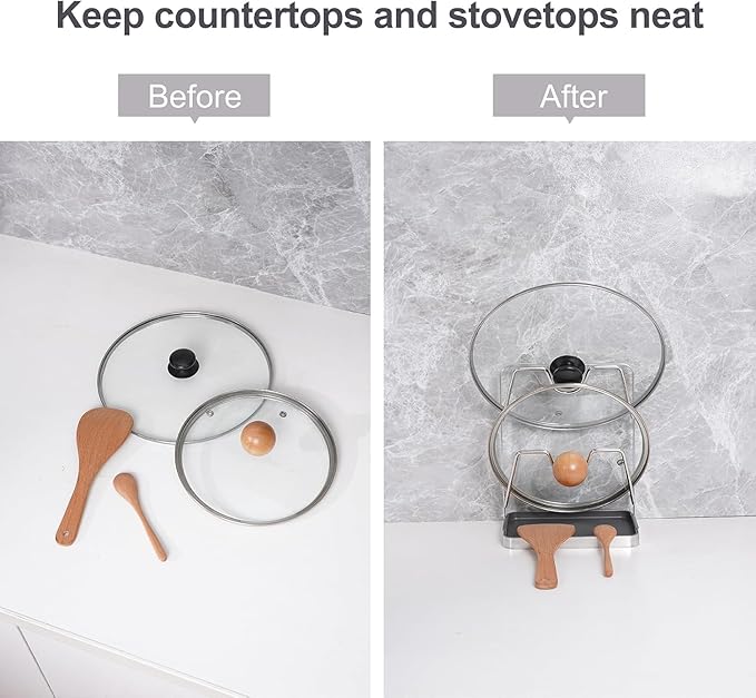 Kitchen Pot Lid Storage Rack, Stainless Steel Pot Lid Holder While Cooking for Countertop, Multifunctional Pots Lids Organizer Rack with Removable Drip Tray for Spatulas, Ladles & Large Lids(Gray)