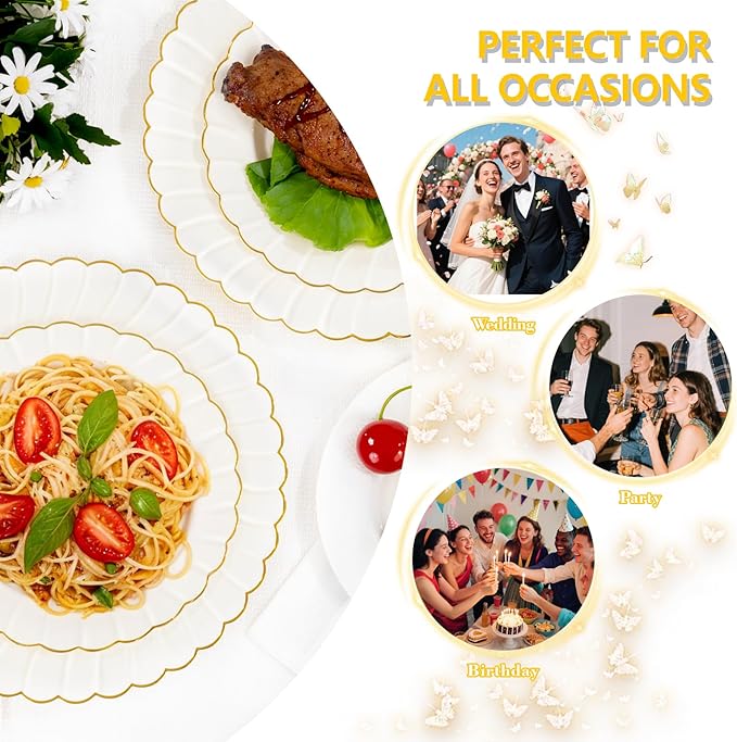 YOUBET 175PCS Ivory Scalloped Plastic Plates - Gold Disposable Dinnerware Set Include 50 Plates, 75 Gold Silverware, 25 Cups, 25 Napkins for Party & Wedding