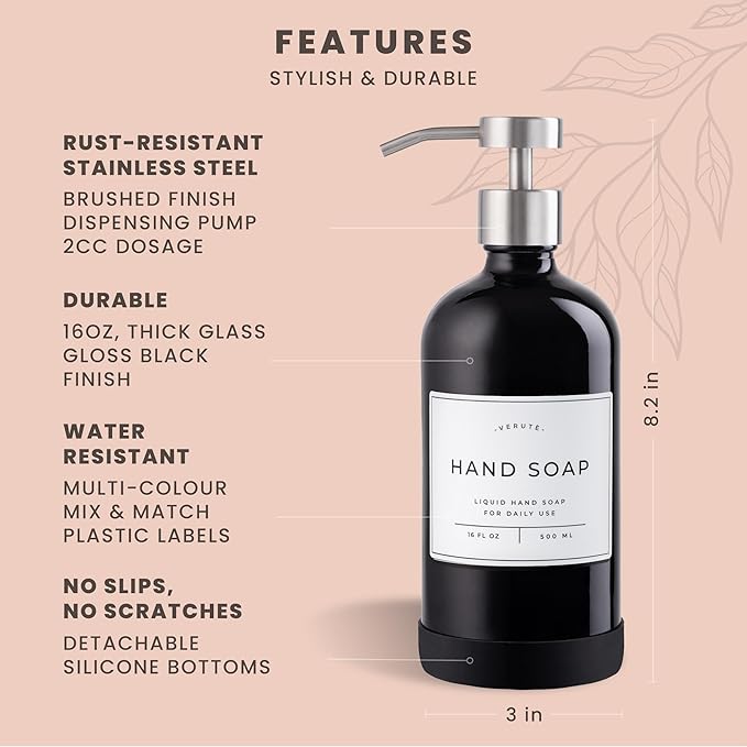 Hand and Dish Soap Dispenser for Kitchen and Bathroom, Set of 2 16 Oz Glass Bottles, Stainless Steel Pumps, Non-Slip Silicone Base, 27 Waterproof Labels (Gloss Black Bottle/Brushed Silver Pump)