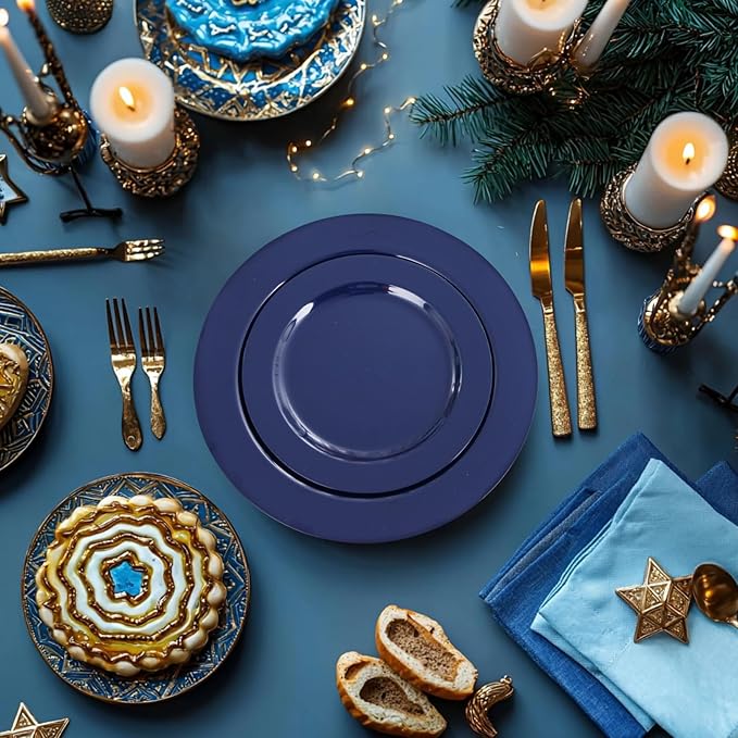 FLOWERCAT 100PCS Blue Plastic Plates - Heavy Duty Blue Disposable Plates for Possover Party/Wedding/Hanukkah - Include 50PCS 10.25inch Dinner and 50PCS 7.5inch Dessert/Salad Plates for 50 Guests