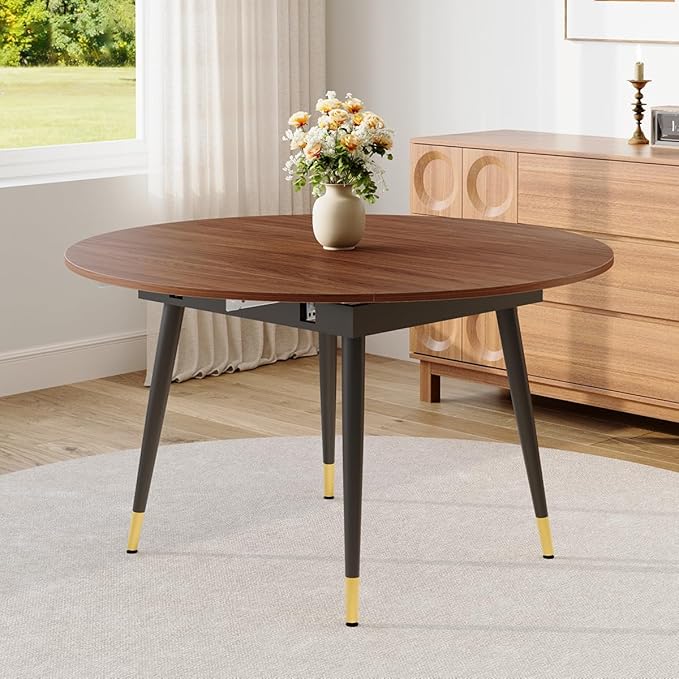 Extendable Dining Room Table｜53” Round Dining Table for 4-6｜Walnut Wooden Tabletop with Metal Legs｜Stable and Sturdy｜Easy Transform｜Easy Assembly｜Space Saving｜for Kitchen, Living Room