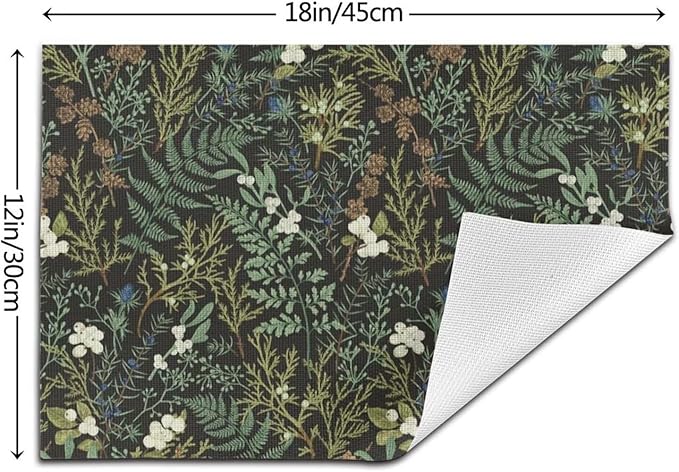 Botanical Print Floral Placemats Set of 6 Black Sage Green Spring Flower Plant Wipeable Table Mats Reusable Washable PVC Rectangle Place Mats for Kitchen Dining Home Decor 12x18 Inches