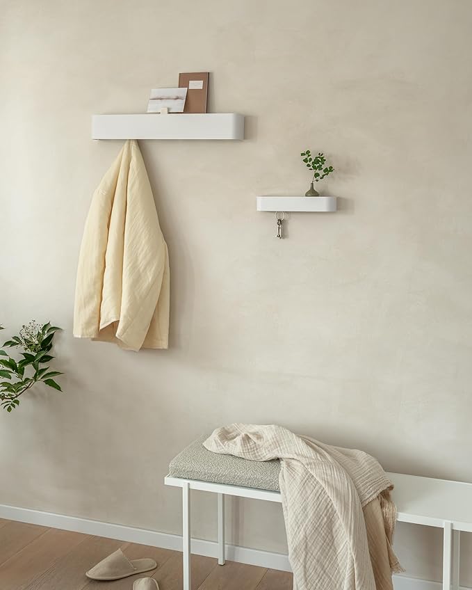 Kazai.® Coat Rack Wall Mount with Shelf 'Tone' | Modern Design Coat Hanger with Hidden Hooks and Storage | Hat Rack with Shelf in Metal | Wall-Mounted Purse Organizer | White