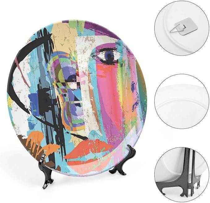 Ceramic Display Plate, Abstract Ceramic Hanging Decorative Plate, Woman Face Art Paint Strokes and Splashes Eye Red Lips Grungy, 7 Inch, Living Room Kitchen Decoration Household, Multicolor