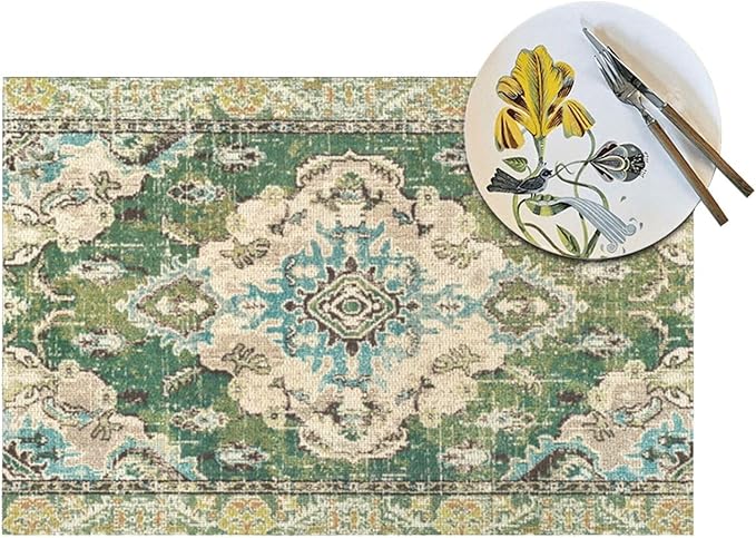 Sage Green Placemats 12x18 Inches Set of 4, Boho Vintage Ethnic Carpet Decorative Rectangle Table Mats for Party, Home Kitchen,Dining Table Decoration