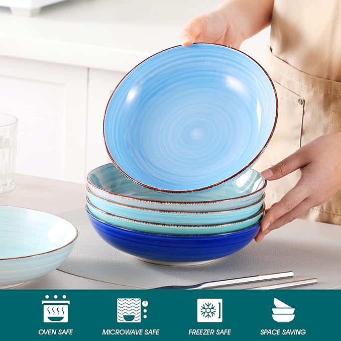 vancasso Bonita Pasta Bowls Set of 6, 38 oz Shallow Bowls, 8.5 Inch Ceramic Pasta Plates and Salad Bowls, Microwave & Dishwasher Safe Serving Bowls, Blue