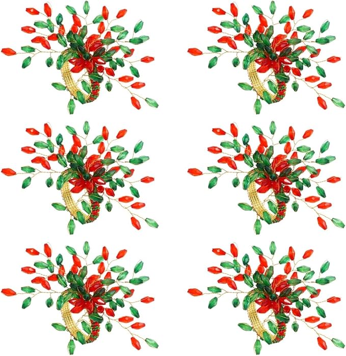 Handcrafted Beaded Napkin Rings Set of 12 – Red & Green Crystal Flower Design, Elegant Table Décor for Christmas, Weddings & Dinner Parties