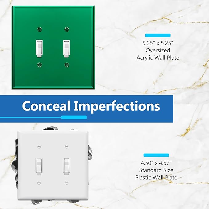 LIDER Reflective Acrylic Toggle Switch Wall Plate, Mirrored Light Switch Plate, Plexiglass Switch Cover, Acrylic Glass, Oversized 2-Gang 5.25" x 5.25", LWP-12O-AGR5P, Green, 5 Pack