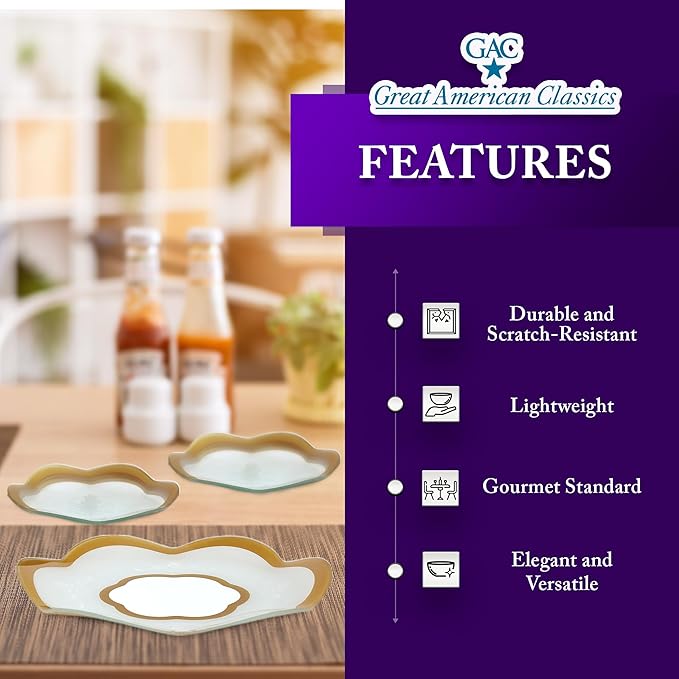 GAC Scalloped Tempered Glass Dessert Plates and Platters - Elegant Dinnerware & Decorative Plates with Gold Trim, Ideal for Serving Food, Special Occasions, and Presents - Set of 3