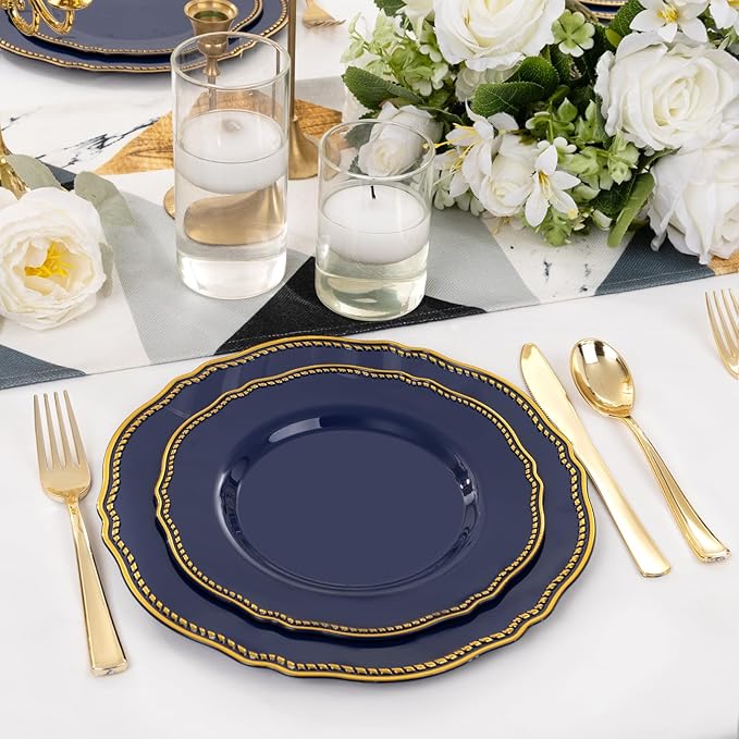 Hioasis 60pcs Blue Plastic Plates - Blue and Gold Disposable Dinnerware with Gold Rim, Heavy-duty, 10.25 inch, Dinner Plates for Party & Wedding