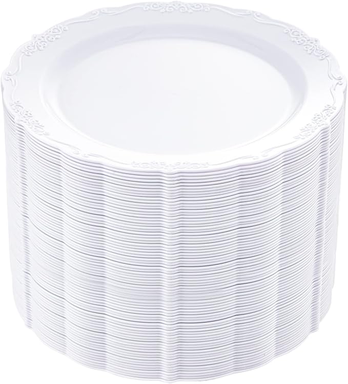 DaYammi 60PCS White Plastic Plates, Heavy Duty White Disposable Premium 7.5inch Dessert Cake Salad Appetizer Plates Hard Plastic Platos Disposable for Party Wedding