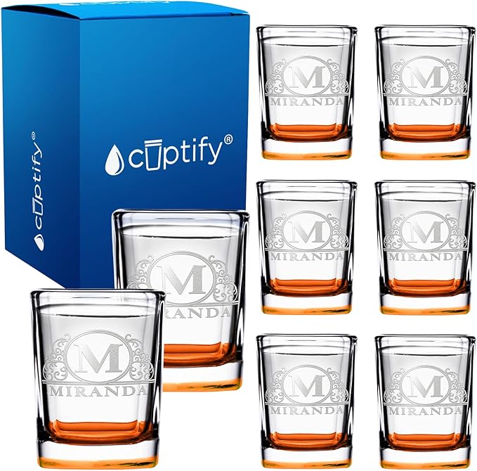 Personalized Square Shot Glasses Set of 8 Orange Bottom 2oz Engraved Initial and Name Custom Gifts, Weddings, Birthdays, Party, Event, Decorations