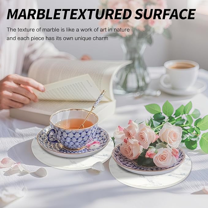 8 Inch Trivets for Hot Dishes, Pots and Pans, Marble Style Ceramic Trivet with Holder, Heat Resistant Hot Plate Mats for Countertops, Table, Home Essentials, Farmhouse Decor, Set of 3