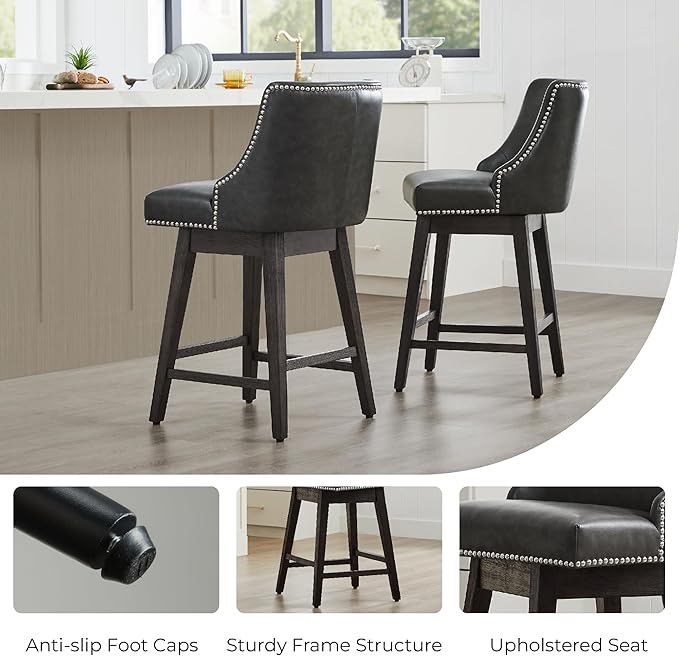 CHITA Counter Height Swivel Bar Stools, FSC Certified Upholstered Counter Stools, Modern Swivel Barstools with Wood Legs for Kitchen Island, 26" Seat Height, Faux Leather in Retro Grey