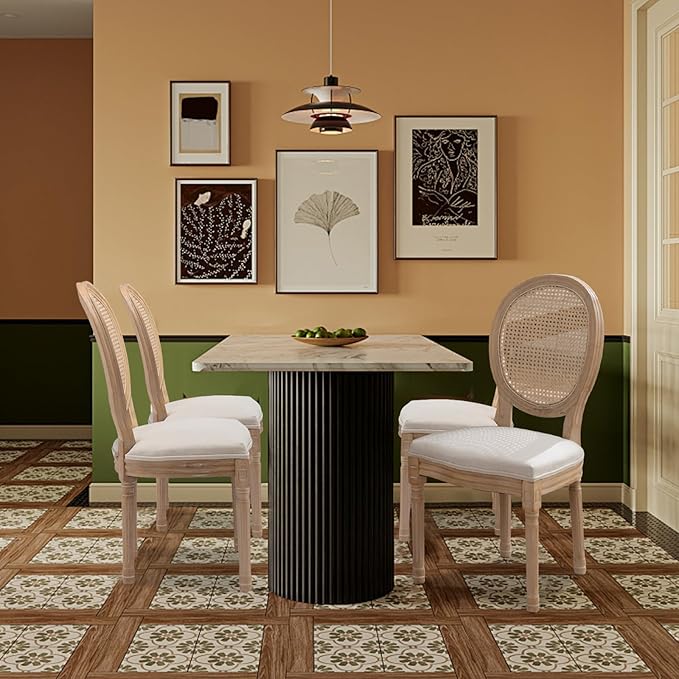SoarFlash French Dining Chairs Set of 4, Vantage Dining Chair with Round Back, Farmhouse Country Rattan Dining Chair for Kitchen,Bedroom,Beige