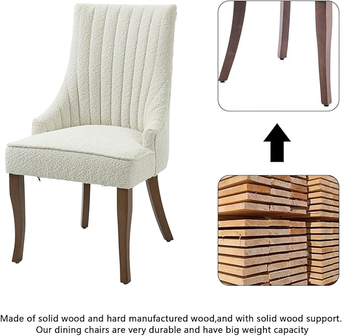 mikibama Boucle Dining Chairs Set of 2 Channel Tufted Kitchen Dinner Chair Comfy Teddy Fabric Upholstered Accent Chair for Dining Room with Solid Wood Legs (Off White 2pc)